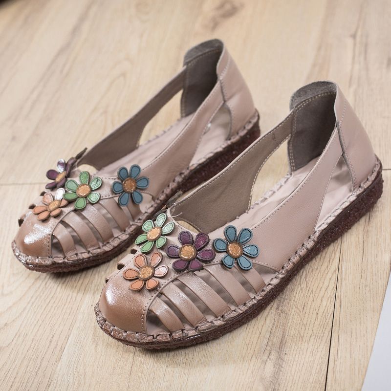 Dames Echt Leer Ademend Bloemdecoratie Retro Slip Op Zachte Flats