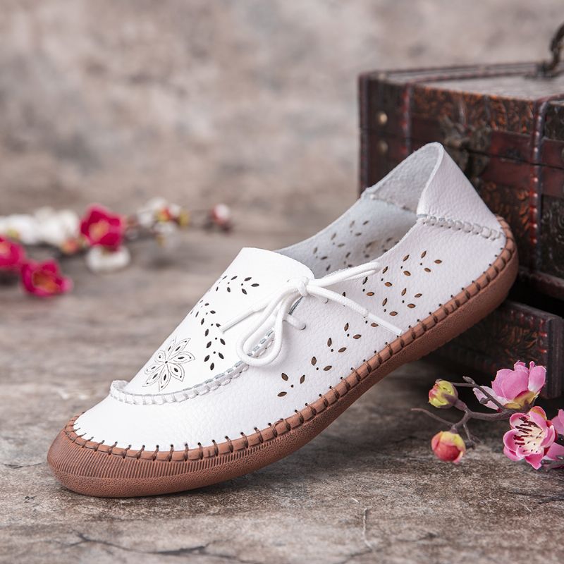 Dames Echt Leer Plus Maat Ademend Uitgehold Zachte Zool Casual Flats Loafers