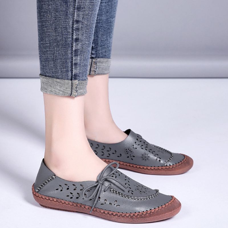 Dames Echt Leer Plus Maat Ademend Uitgehold Zachte Zool Casual Flats Loafers