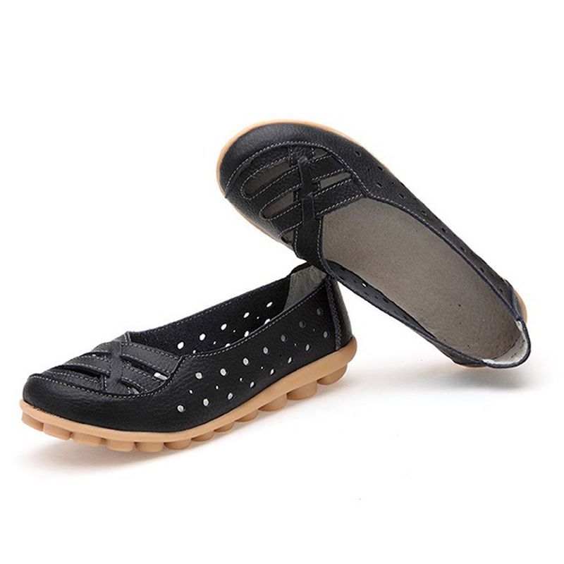 Dames Flats Schoenen Comfortabele Zachte Slip-on Uitgeholde Lederen Casual Platte Loafers Schoenen
