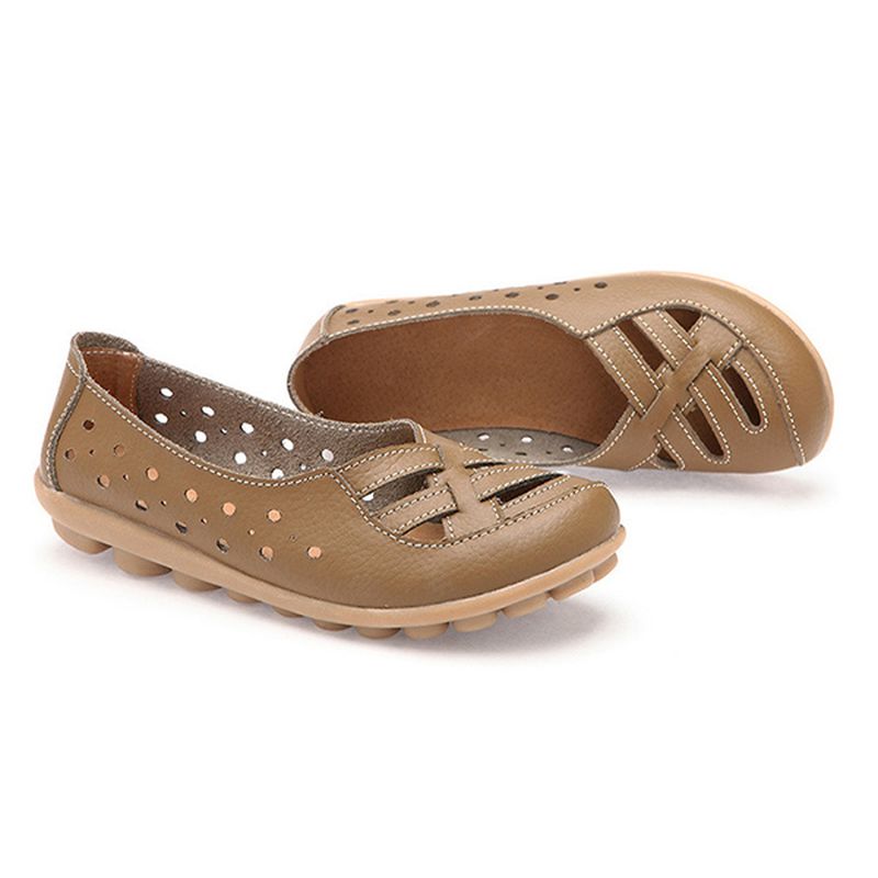 Dames Flats Schoenen Comfortabele Zachte Slip-on Uitgeholde Lederen Casual Platte Loafers Schoenen