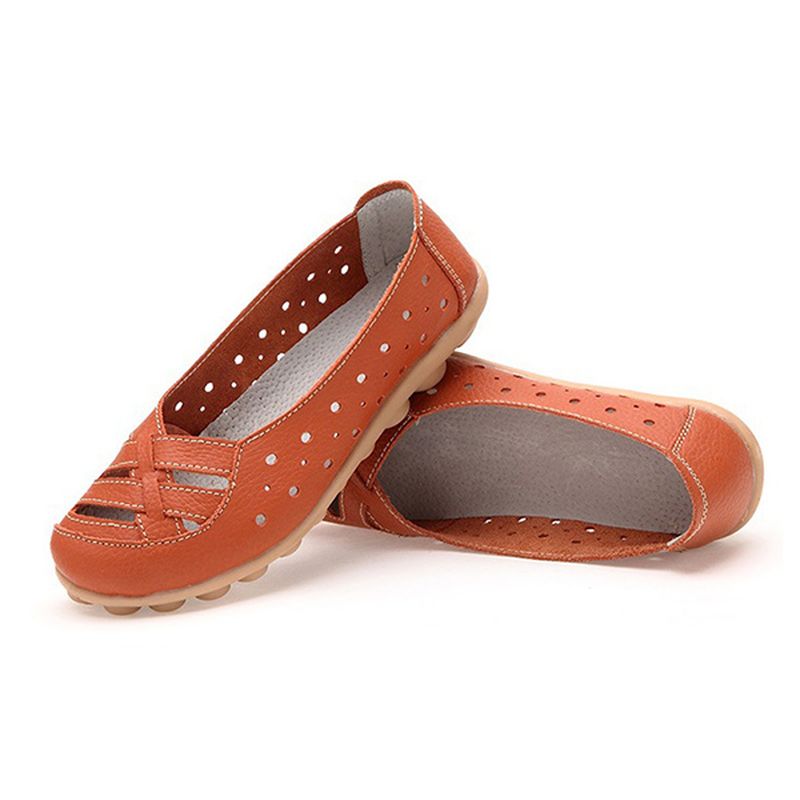 Dames Flats Schoenen Comfortabele Zachte Slip-on Uitgeholde Lederen Casual Platte Loafers Schoenen