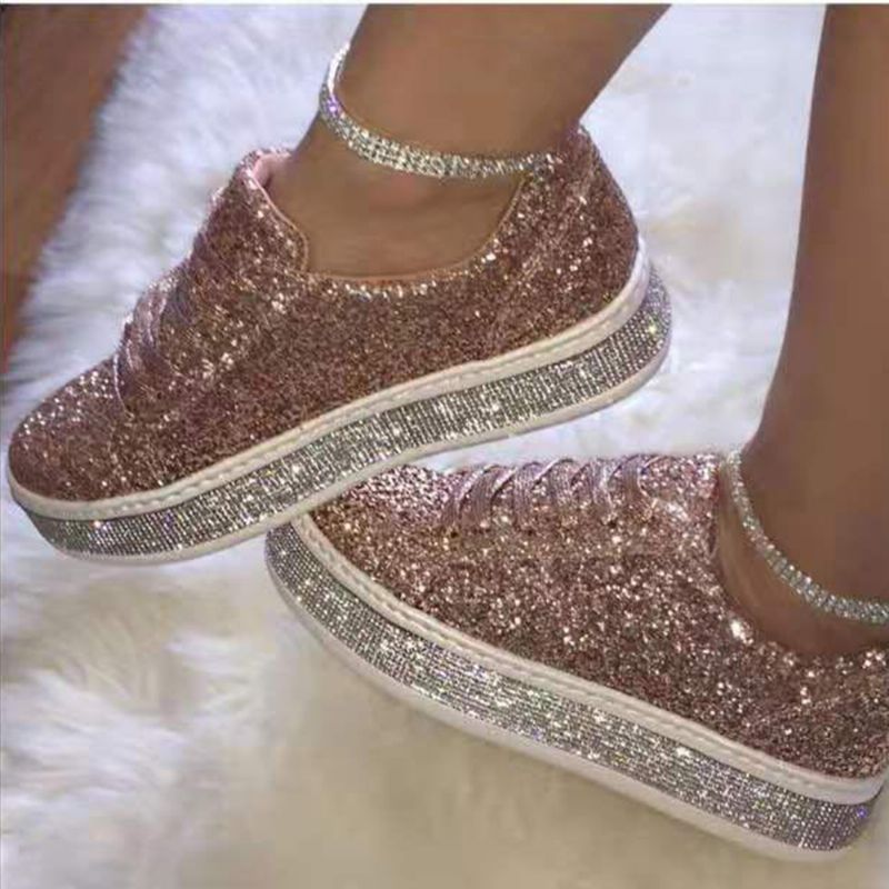 Dames Glitter Lovertjes Mode Lace-up Party Casual Platform Schoenen Flats