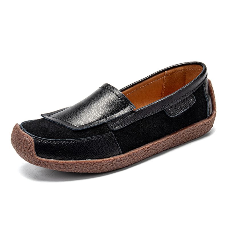 Dames Lederen Splicing Zachte Slip Op Platte Loafers