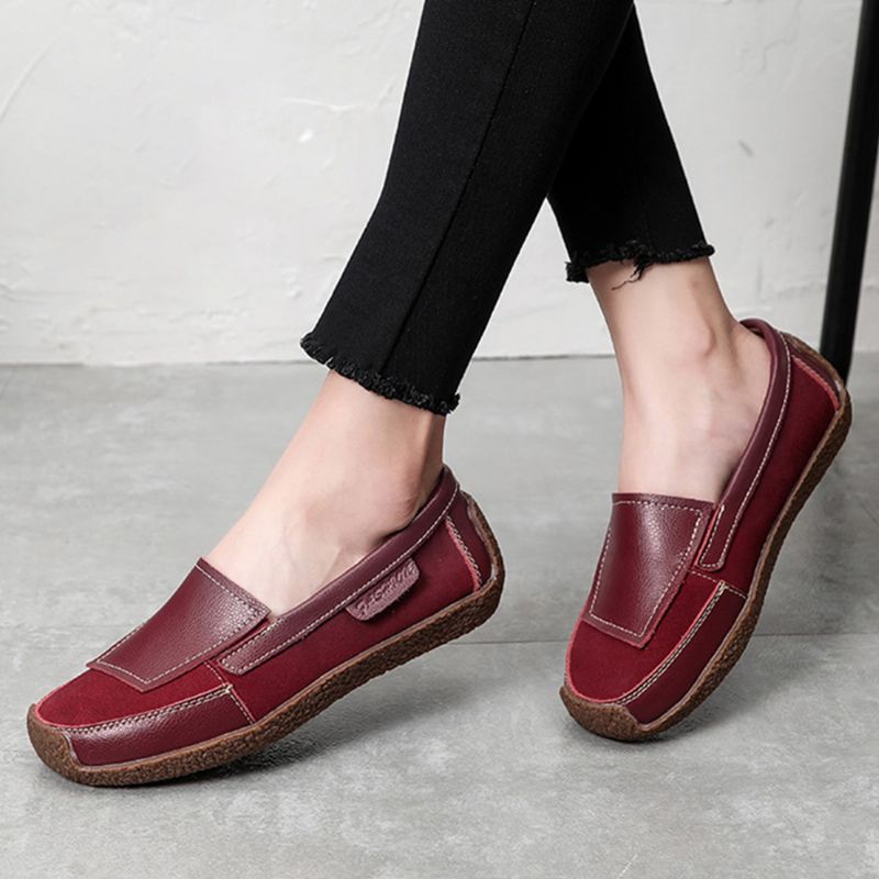 Dames Lederen Splicing Zachte Slip Op Platte Loafers