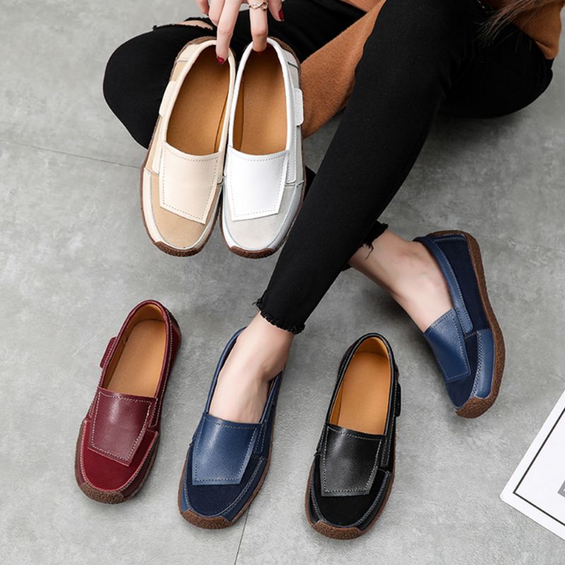 Dames Lederen Splicing Zachte Slip Op Platte Loafers