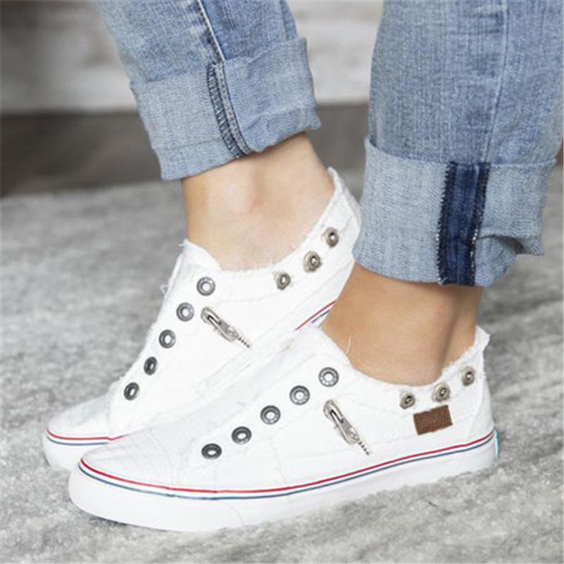 Dames Plus Maat Ritsdecoratie Slip Op Canvas Effen Kleur Casual Dagelijkse Flats