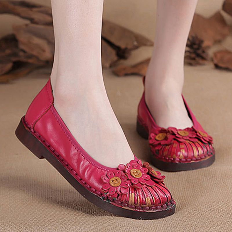 Dames Retro Bloemen Decor Handgemaakte Stiksels Non Slp Soft Sole Loafers