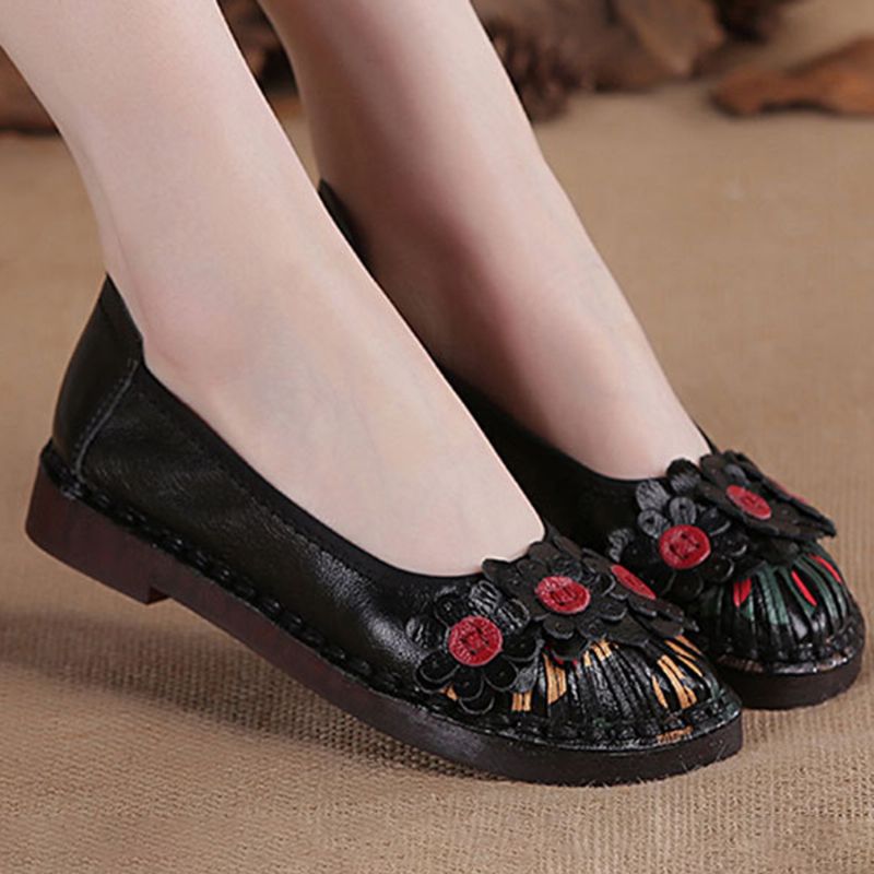 Dames Retro Bloemen Decor Handgemaakte Stiksels Non Slp Soft Sole Loafers