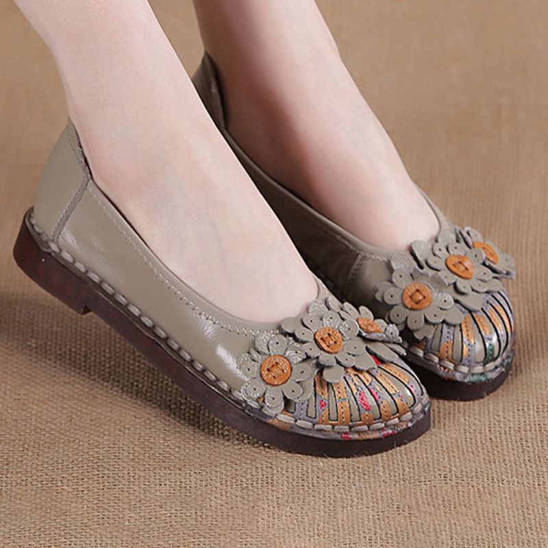 Dames Retro Bloemen Decor Handgemaakte Stiksels Non Slp Soft Sole Loafers