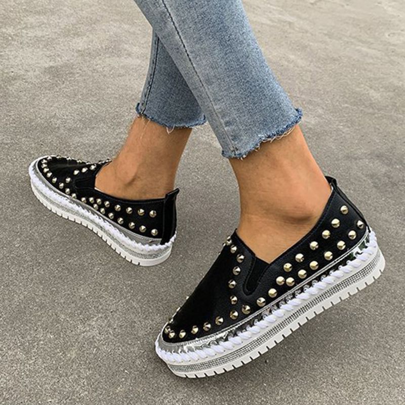 Dames Stijlvolle Klinknagel Solide Voering Zachte Bodem Platte Casual Loafers Schoenen