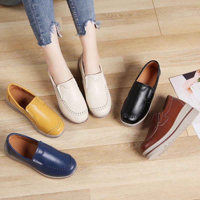 Dames Stiksels Platform Ronde Teen Slip Op Loafers