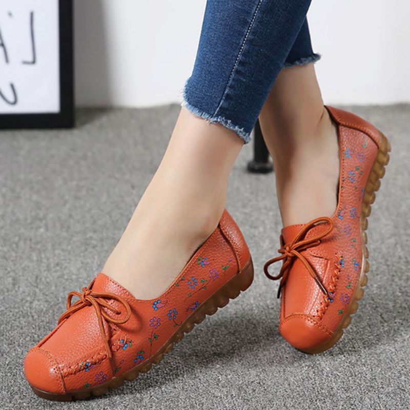 Dames Strik Bloemen Afdrukken Antislip Soft Sole Casual Leren Loafers