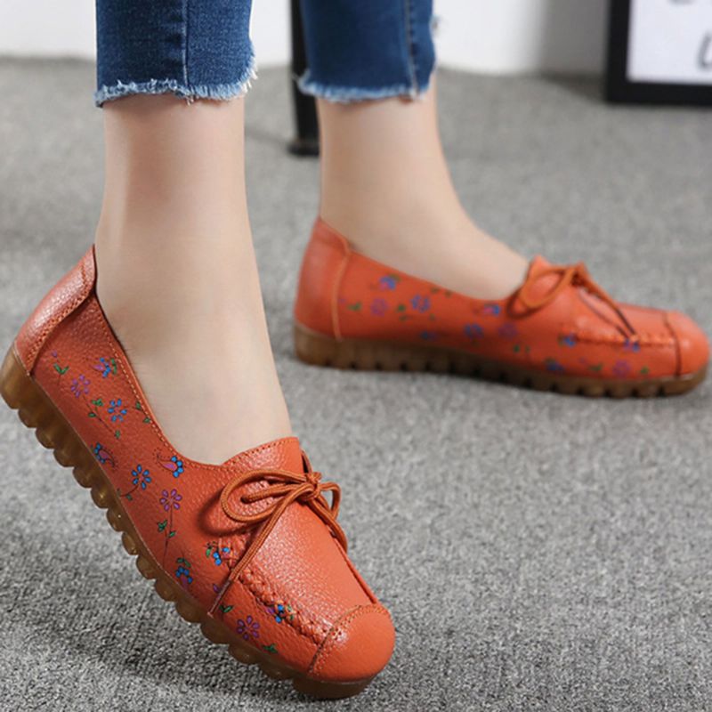 Dames Strik Bloemen Afdrukken Antislip Soft Sole Casual Leren Loafers