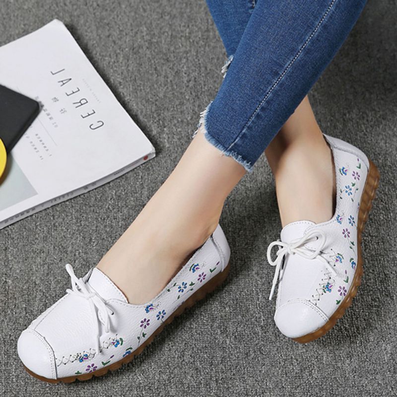 Dames Strik Bloemen Afdrukken Antislip Soft Sole Casual Leren Loafers