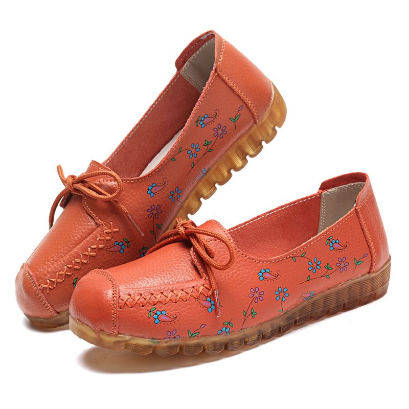 Dames Strik Bloemen Afdrukken Antislip Soft Sole Casual Leren Loafers