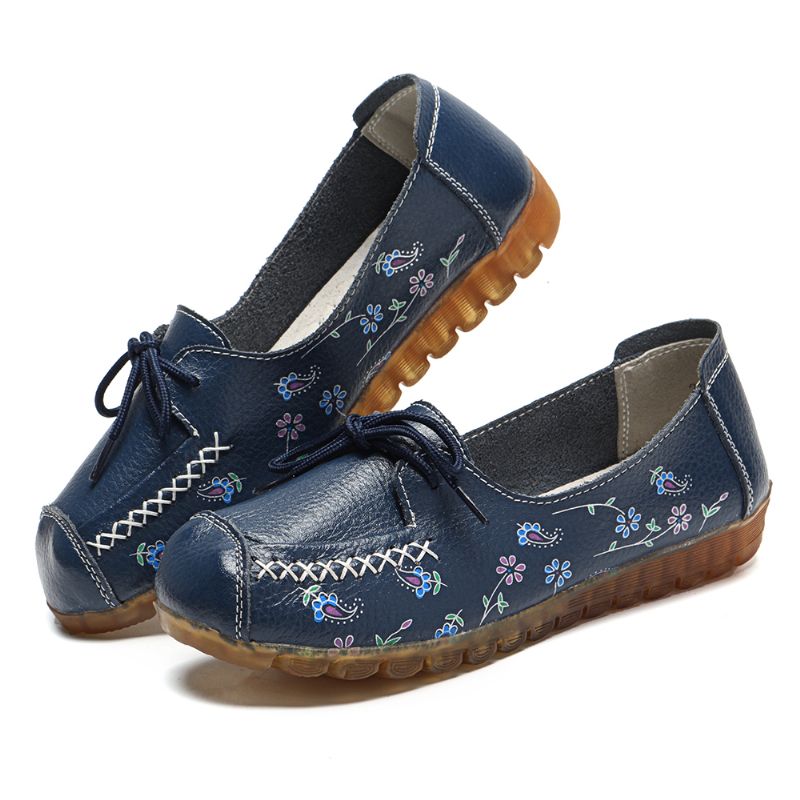 Dames Strik Bloemen Afdrukken Antislip Soft Sole Casual Leren Loafers