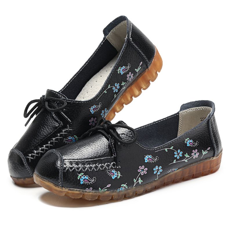 Dames Strik Bloemen Afdrukken Antislip Soft Sole Casual Leren Loafers