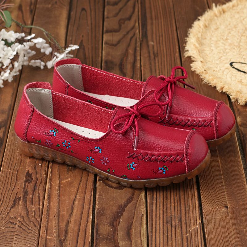 Dames Strik Bloemen Afdrukken Antislip Soft Sole Casual Leren Loafers