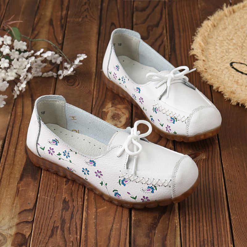 Dames Strik Bloemen Afdrukken Antislip Soft Sole Casual Leren Loafers