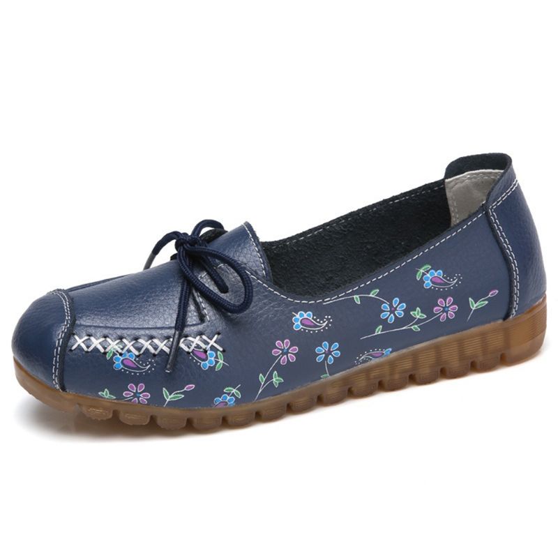 Dames Strik Bloemen Afdrukken Antislip Soft Sole Casual Leren Loafers