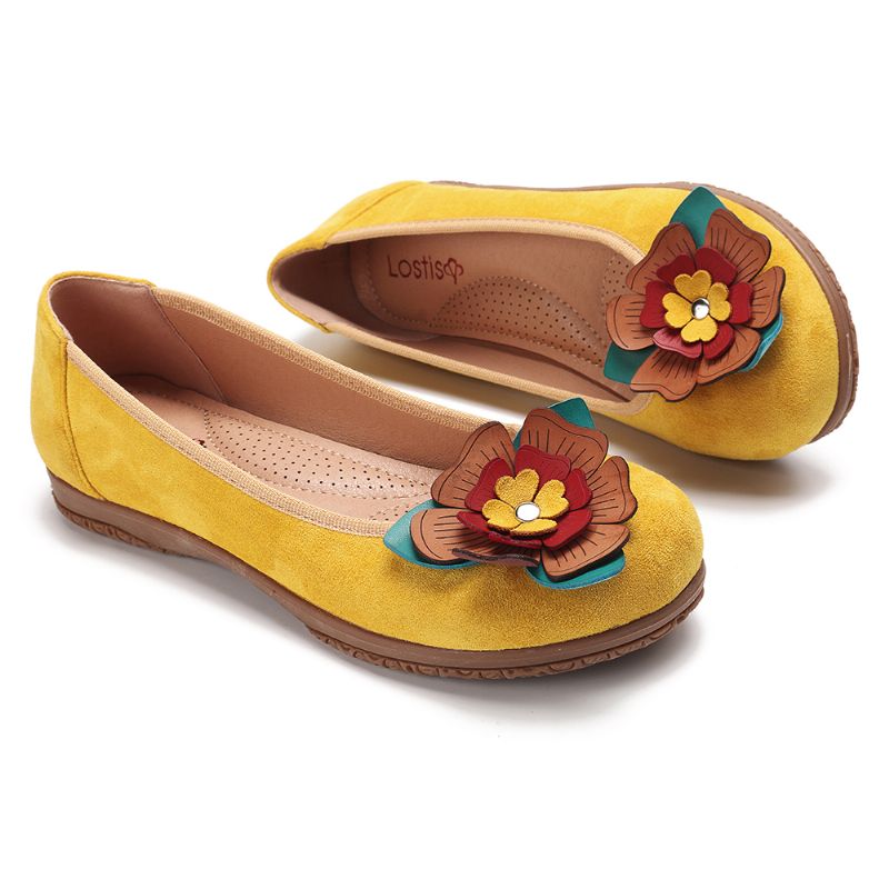 Dames Suède Bloem Slip Op Comfort Casual Flats