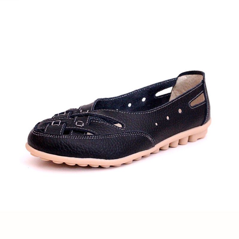 Dames Zomer Platte Casual Outdoor Uitgehold Leer Zachte Comfortabele Platte Loafers Schoenen