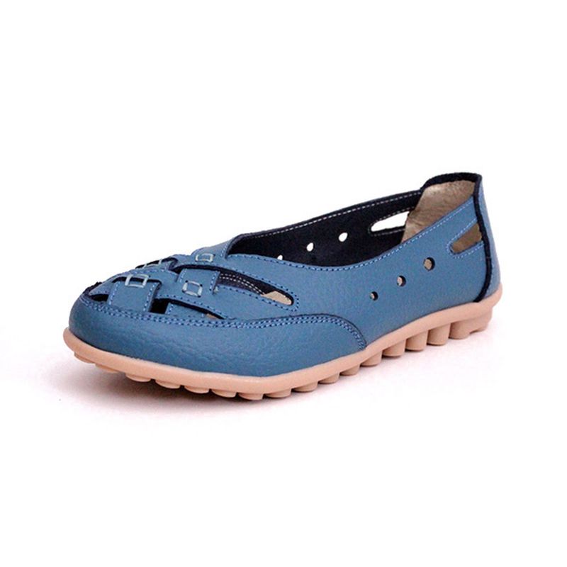 Dames Zomer Platte Casual Outdoor Uitgehold Leer Zachte Comfortabele Platte Loafers Schoenen