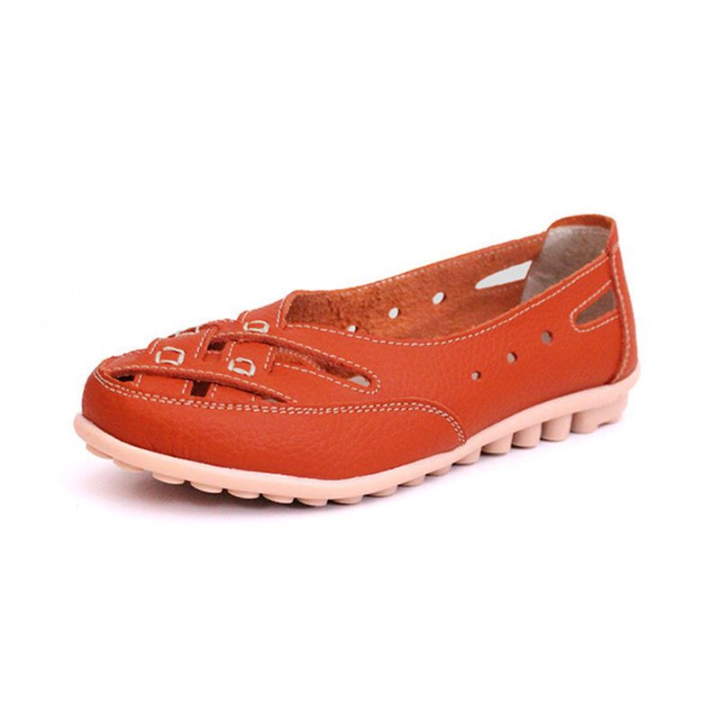 Dames Zomer Platte Casual Outdoor Uitgehold Leer Zachte Comfortabele Platte Loafers Schoenen