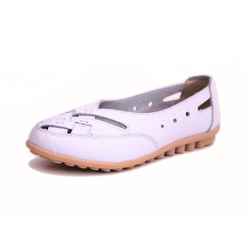 Dames Zomer Platte Casual Outdoor Uitgehold Leer Zachte Comfortabele Platte Loafers Schoenen