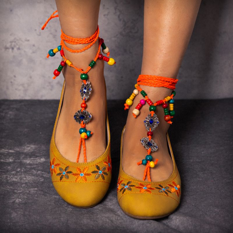 Exotische Stijl Geborduurde Kralenketting Gele Casual Bohemien Flats