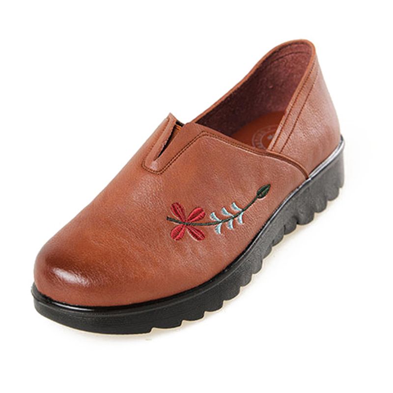 Geborduurde Zachte Zool Casual Schoen Slip Op Platte Loafers Voor Dames