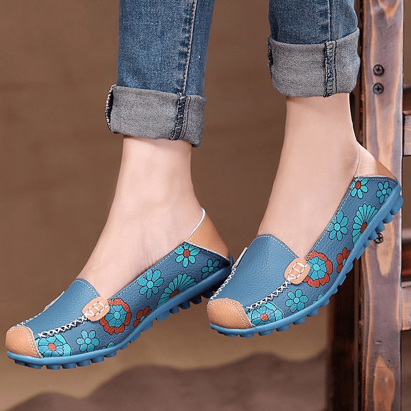 Grote Maat Vrouwen Bloem Bloemen Leren Loafers Moccas Flats Zachte Balletschoenen Ronde Neus Flats