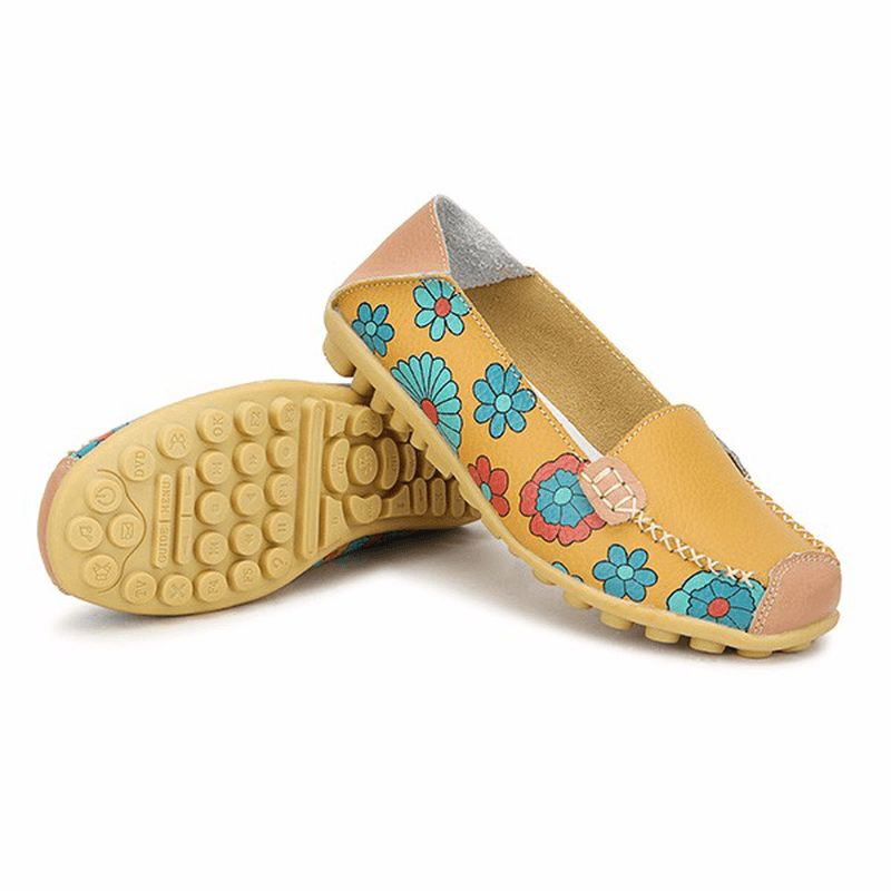 Grote Maat Vrouwen Bloem Bloemen Leren Loafers Moccas Flats Zachte Balletschoenen Ronde Neus Flats