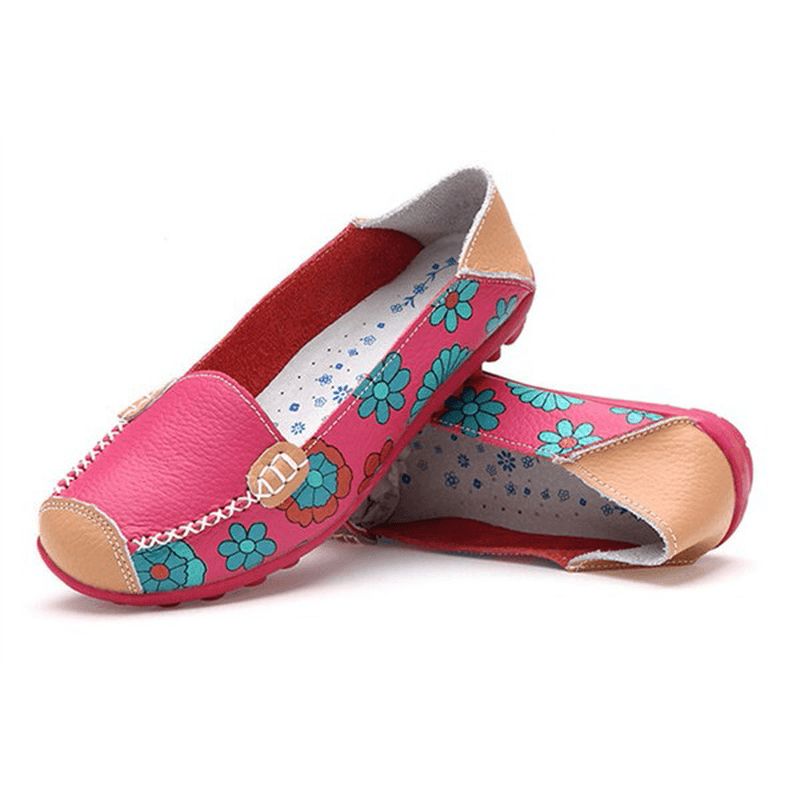 Grote Maat Vrouwen Bloem Bloemen Leren Loafers Moccas Flats Zachte Balletschoenen Ronde Neus Flats