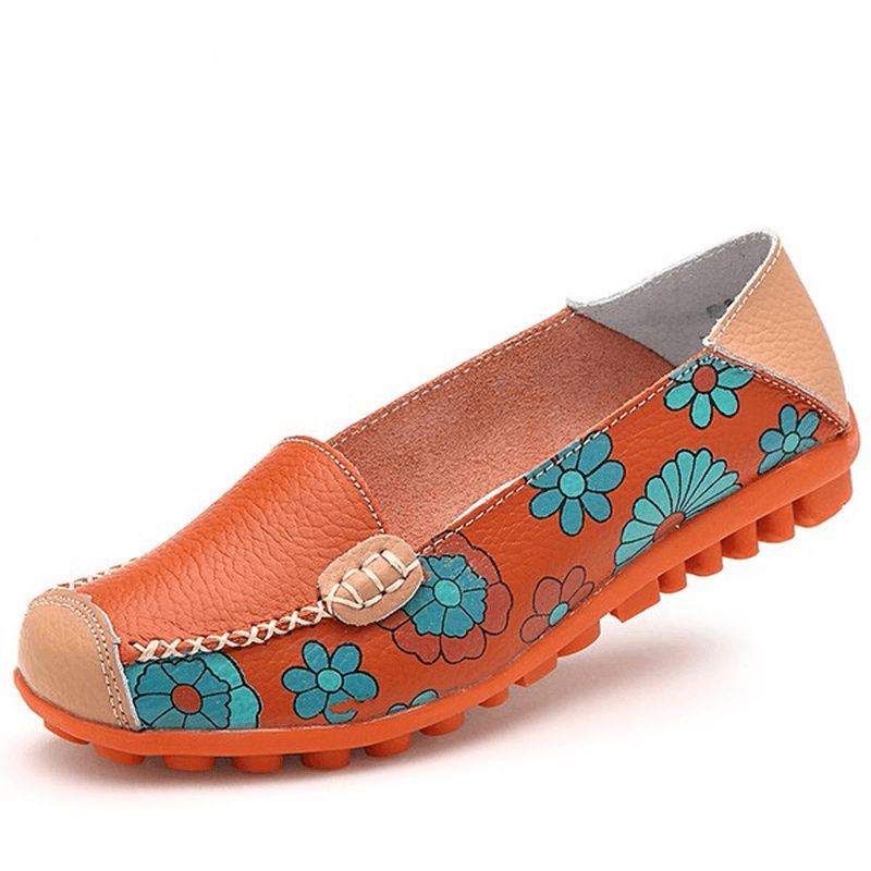 Grote Maat Vrouwen Bloem Bloemen Leren Loafers Moccas Flats Zachte Balletschoenen Ronde Neus Flats