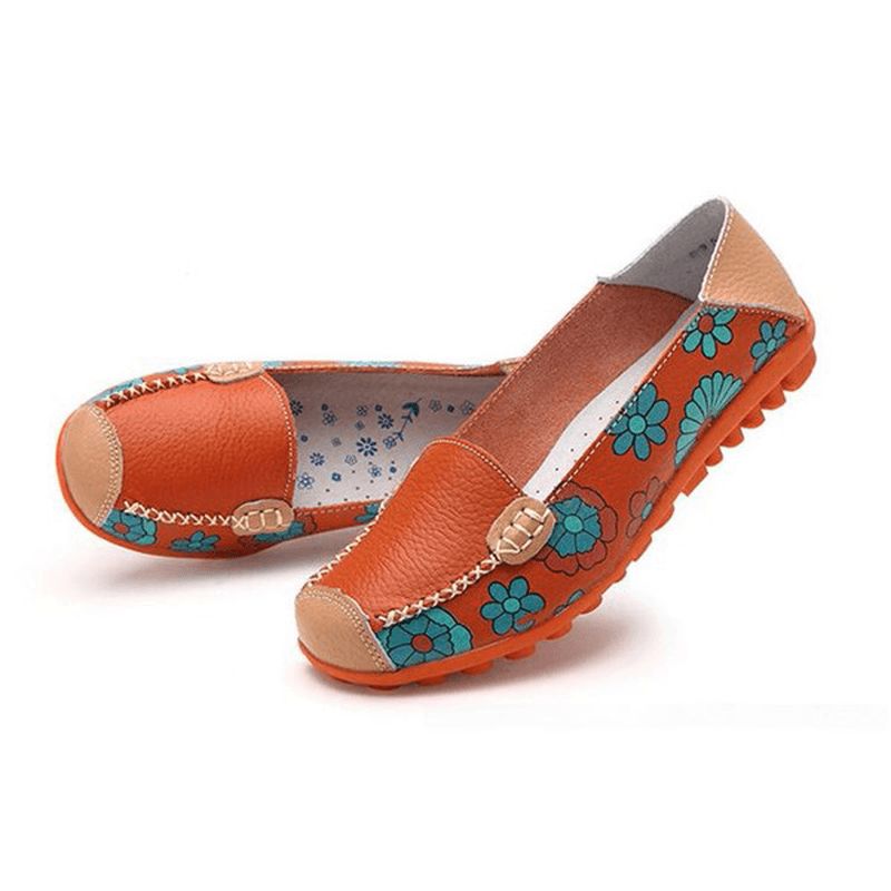 Grote Maat Vrouwen Bloem Bloemen Leren Loafers Moccas Flats Zachte Balletschoenen Ronde Neus Flats