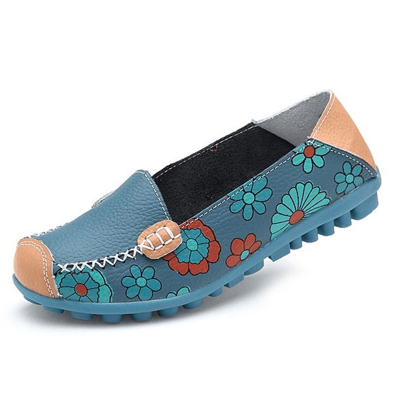 Grote Maat Vrouwen Bloem Bloemen Leren Loafers Moccas Flats Zachte Balletschoenen Ronde Neus Flats