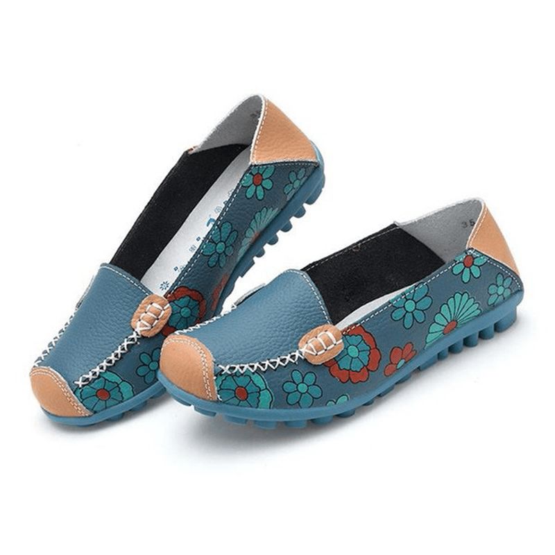 Grote Maat Vrouwen Bloem Bloemen Leren Loafers Moccas Flats Zachte Balletschoenen Ronde Neus Flats