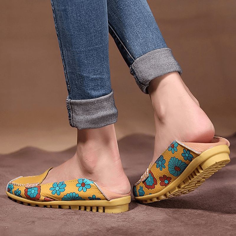 Grote Maat Vrouwen Bloem Bloemen Leren Loafers Moccas Flats Zachte Balletschoenen Ronde Neus Flats