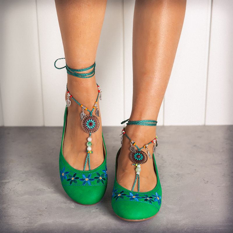 Kralenketting Exotische Stijl Bloem Geborduurde Casual Groene Loafers