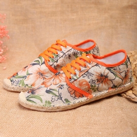 Linnen Doek Met Bloemenprint Ademend Draagbaar Casual Espadrilles Met Veters