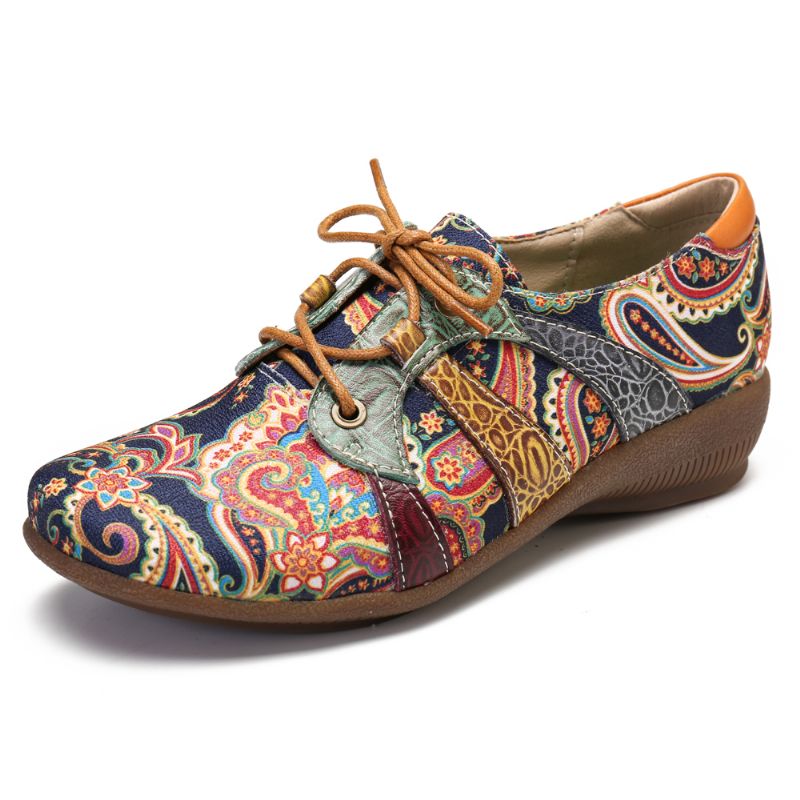 Paisley Retor Floral Splicing Folkways-stijl Platte Schoenen Met Ronde Neus En Veters