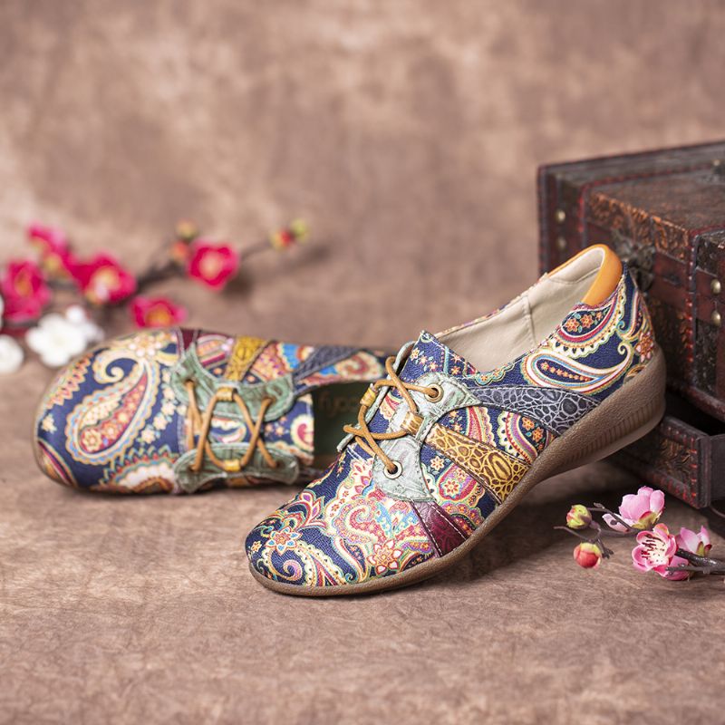 Paisley Retor Floral Splicing Folkways-stijl Platte Schoenen Met Ronde Neus En Veters