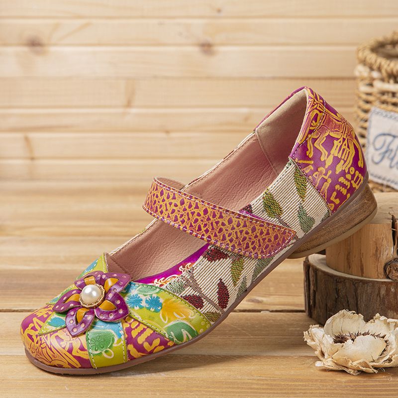 Retro Bloem Decor Gedrukt Rundleer Stiksels Doek Ronde Neus Casual Platte Schoenen