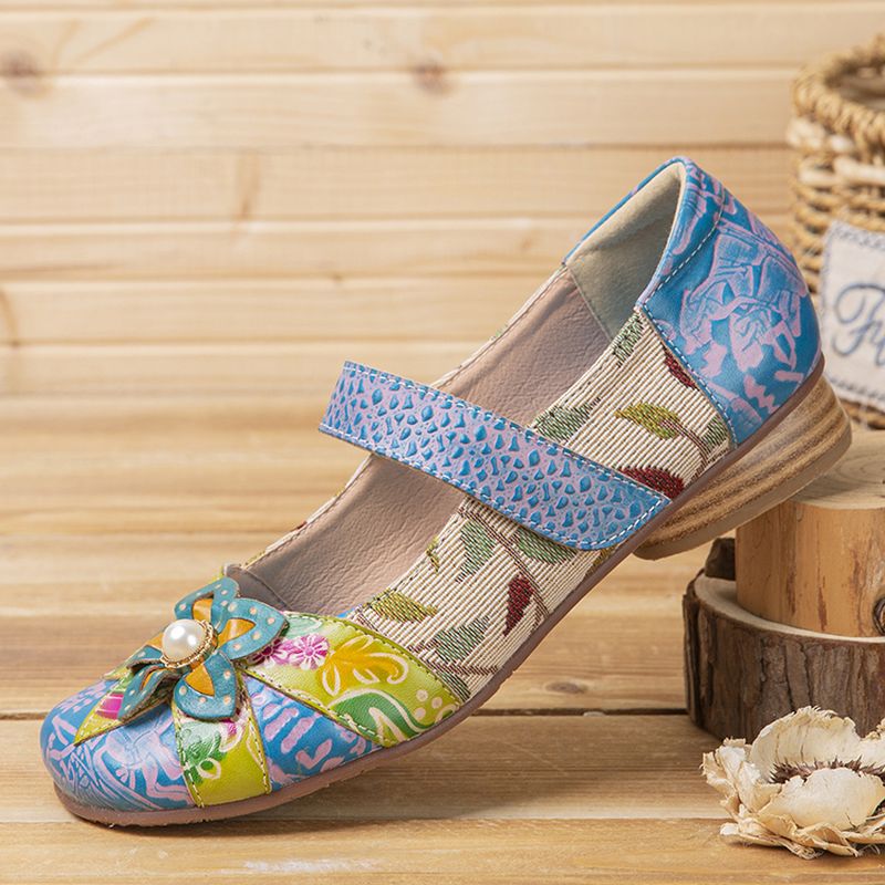 Retro Bloem Decor Gedrukt Rundleer Stiksels Doek Ronde Neus Casual Platte Schoenen