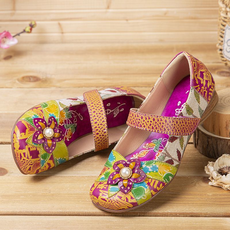 Retro Bloem Decor Gedrukt Rundleer Stiksels Doek Ronde Neus Casual Platte Schoenen