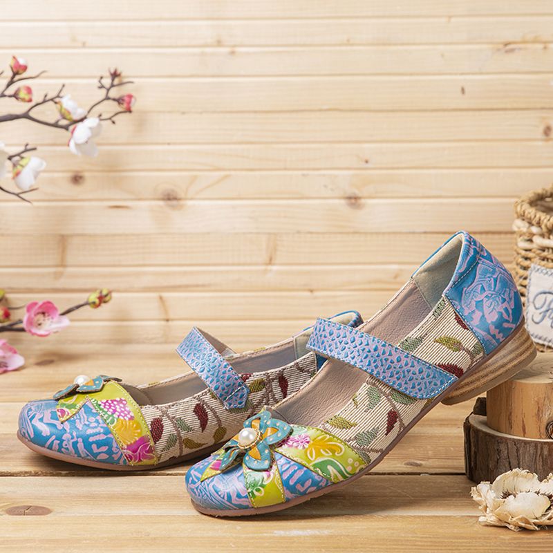 Retro Bloem Decor Gedrukt Rundleer Stiksels Doek Ronde Neus Casual Platte Schoenen