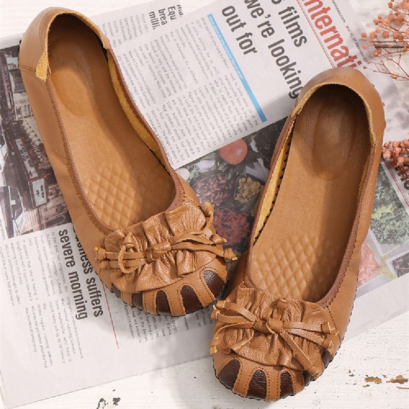 Retro Bloem Decor Rundleder Ronde Neus Zachte Zool Casual Slip-on Platte Schoenen