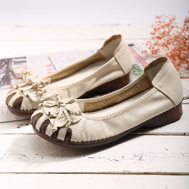 Retro Bloem Decor Rundleder Ronde Neus Zachte Zool Casual Slip-on Platte Schoenen